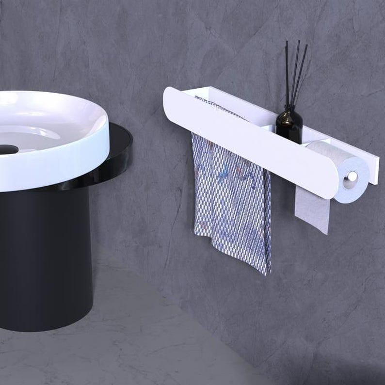 Wall-Mounted Bathroom Shelf with Towel Holder & Toilet Paper Dispenser | Stainless Steel Floating Storage Rack | Modern Black and White