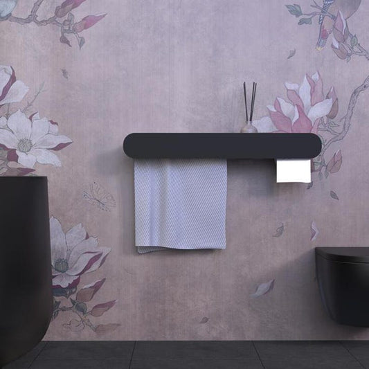 Wall-Mounted Bathroom Shelf with Towel Holder & Toilet Paper Dispenser | Stainless Steel Floating Storage Rack | Modern Black and White